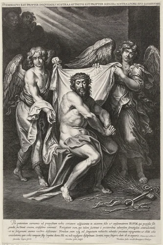 Christus als Man van Smarten met twee engelen en twee cherubijnen by Unknown, print, 1586-1633