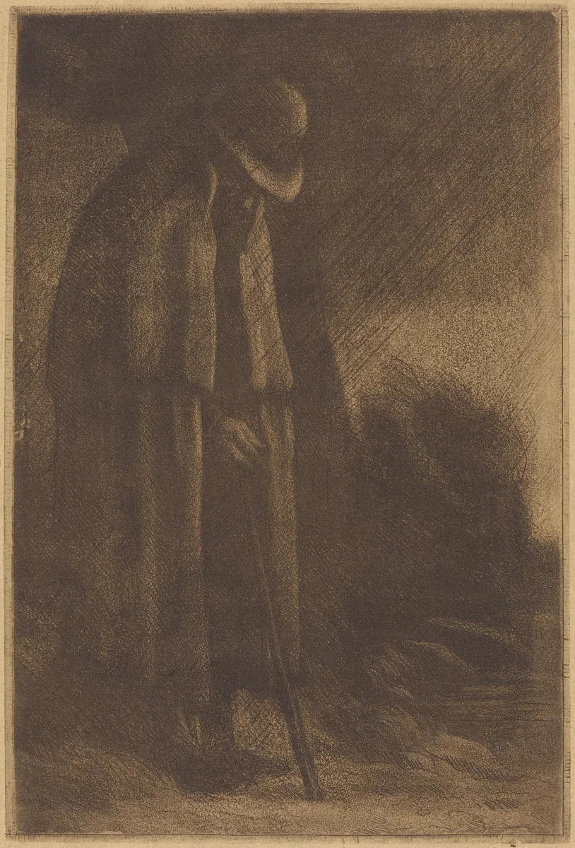 Traveler taking Shelter (Le voyageur a l'abri) by Alphonse Legros, print, 1837-1911