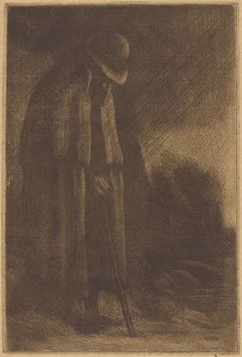 Traveler taking Shelter (Le voyageur a l'abri) by Alphonse Legros, print, 1837-1911