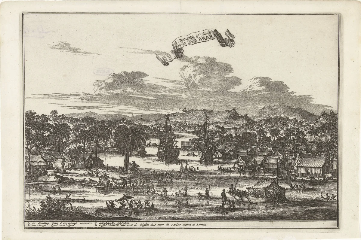 Gezicht op de stad Arakan by Coenraet Decker, print, 1676