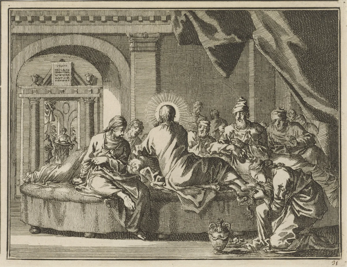Christus aan de maaltijd in het huis van Simon de Farizeeër by Jan Luyken, print, 1712