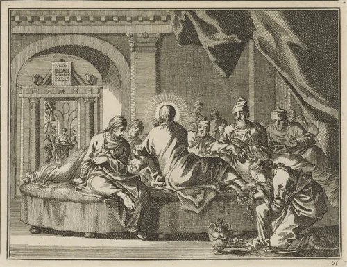 Christus aan de maaltijd in het huis van Simon de Farizeeër by Jan Luyken, print, 1712