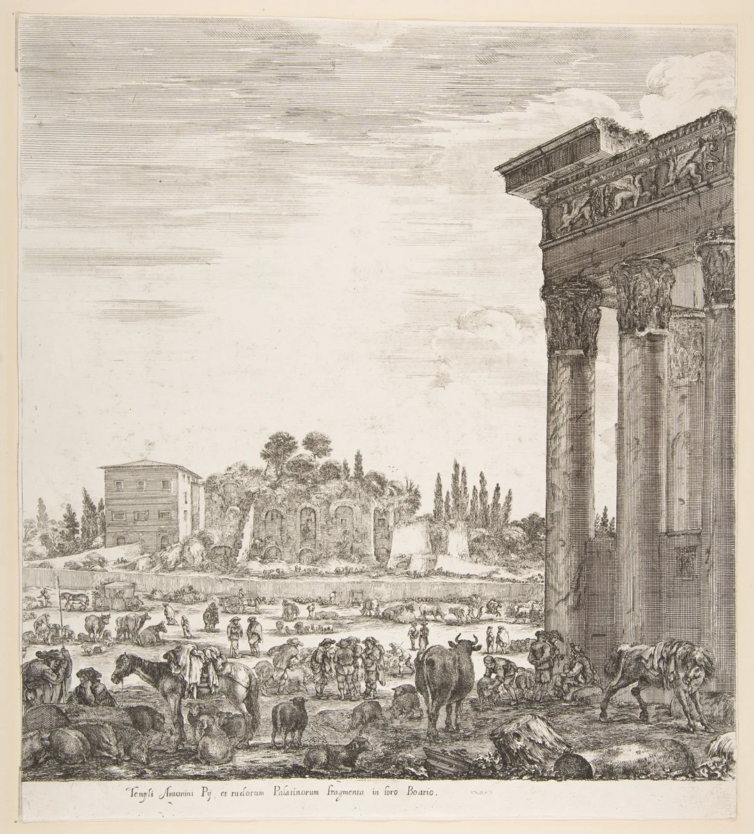 The columns of the Temple of Antoninus to right, a part of the Campo Vaccino in center and at left, along with various animals and figures, the Palatine ruins in the background, from "Six large views, four of Rome, and two of the Roman countryside" (Six grandes vues, dont quatre de Rome et deux de la Campagne romaine) by Stefano della Bella, print, 1656