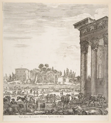 The columns of the Temple of Antoninus to right, a part of the Campo Vaccino in center and at left, along with various animals and figures, the Palatine ruins in the background, from "Six large views, four of Rome, and two of the Roman countryside" (Six grandes vues, dont quatre de Rome et deux de la Campagne romaine) by Stefano della Bella, print, 1656