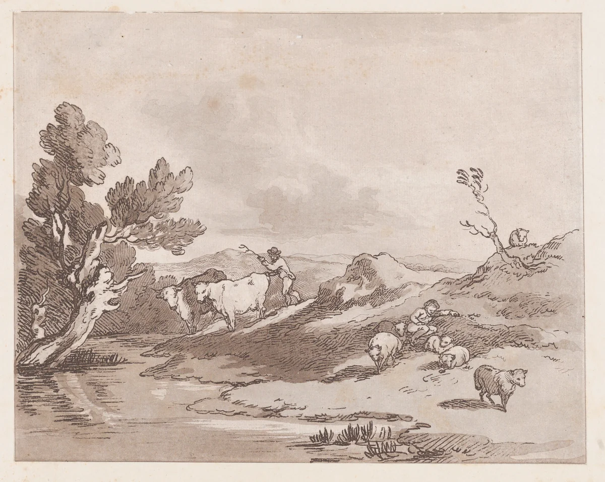 Landscape with a Figure Herding Cattle to Water by Thomas Rowlandson, print, 1789