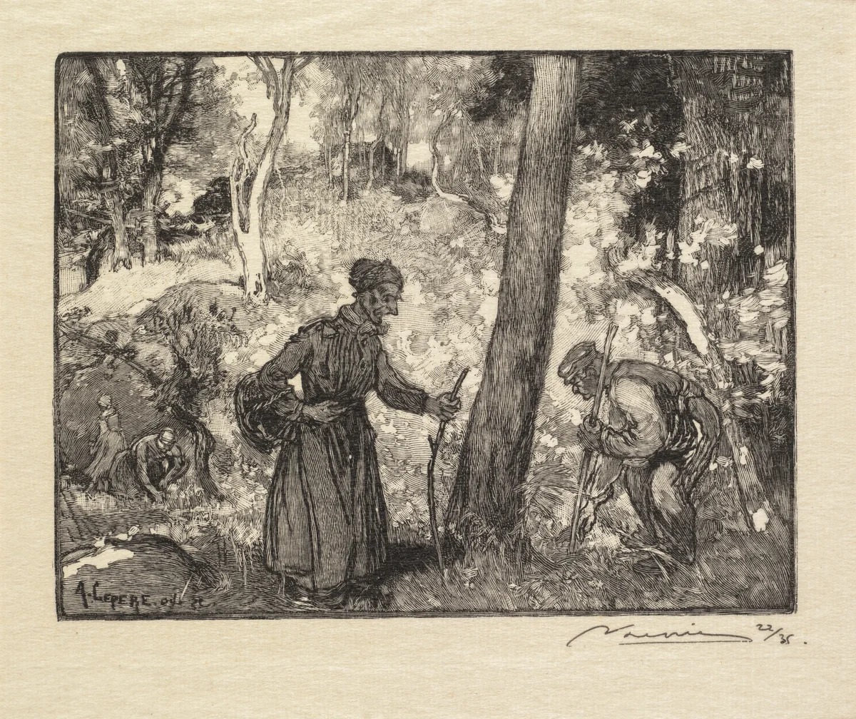 Fontainebleau Forest: Mushroom Hunters at the Rocher Bernard (La Forêt de Fontainebleau: Au rocher Bernard, chercheurs de champignons) by Auguste Louis Lepère, book, 1890