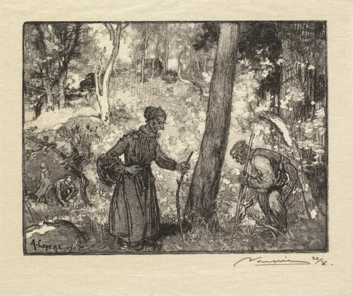 Fontainebleau Forest: Mushroom Hunters at the Rocher Bernard (La Forêt de Fontainebleau: Au rocher Bernard, chercheurs de champignons) by Auguste Louis Lepère, book, 1890
