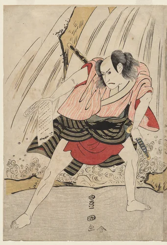 Kataoka Nizaemon VII and Ichikawa Yaozo III in a Confrontation Beside a Waterfall by Utagawa Toyokuni, print, 1792-1802