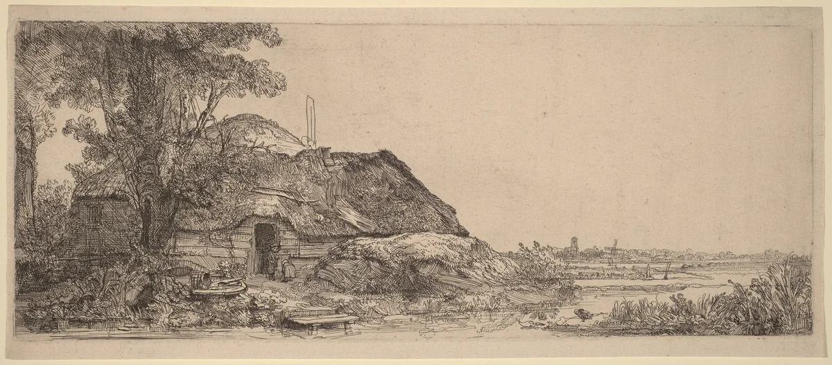 Landscape with a Cottage and a Large Tree by Rembrandt van Rijn, print, 1641