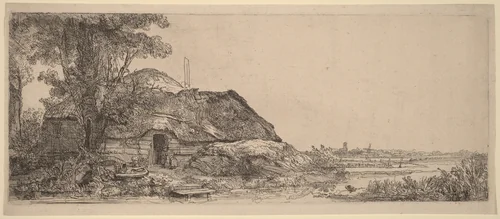 Landscape with a Cottage and a Large Tree by Rembrandt van Rijn, print, 1641