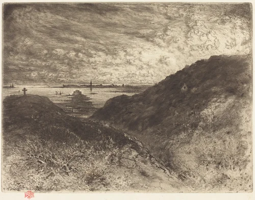 La Falaise: Baie de Saint-Malo (The Cliff: Saint-Malo Bay) by Félix-Hilaire Buhot, print, 1886-1890