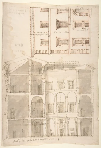 Unidentified Palace, section and half elevation (recto) blank (verso) by anonymous, drawing, 1500-1560