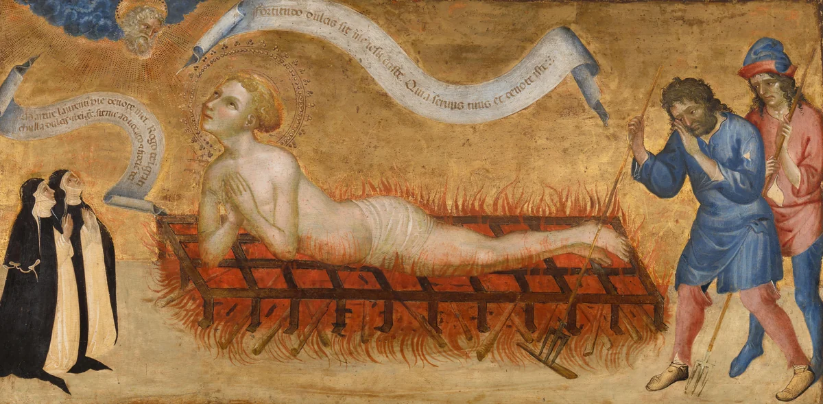 Martyrdom of Saint Lawrence, with Two Benedictine Nuns by Jacobello del Fiore, painting, 1425