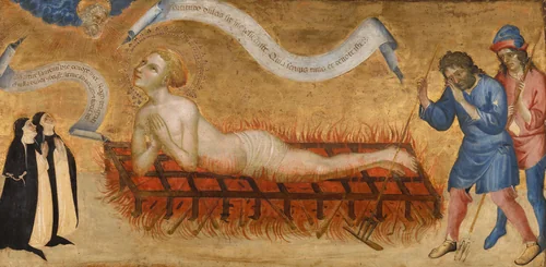 Martyrdom of Saint Lawrence, with Two Benedictine Nuns by Jacobello del Fiore, painting, 1425
