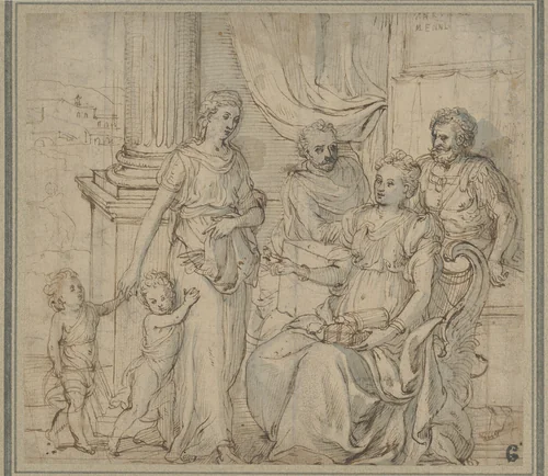Cornelia, Mother of the Gracchi, Pointing to her Children as her Most Precious Ornaments by Gillis Mostaert, drawing, 1548-1598