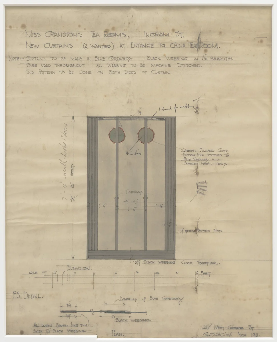 Curtain design for Miss Cranston's Tea Room by Charles Rennie Mackintosh, architecture, 1911