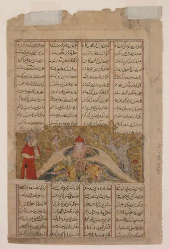 "Rustam Falls in the Spear-Lined Pit", Folio from a Shahnama (Book of Kings) by Abu'l Qasim Firdausi, manuscript, 1305-1365