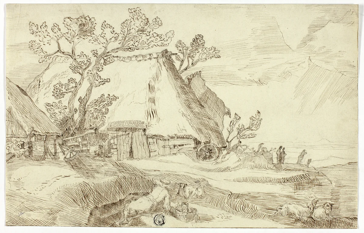 Farm Under Thatched Roofs by Abraham Bloemaert, drawing, 1614-1651