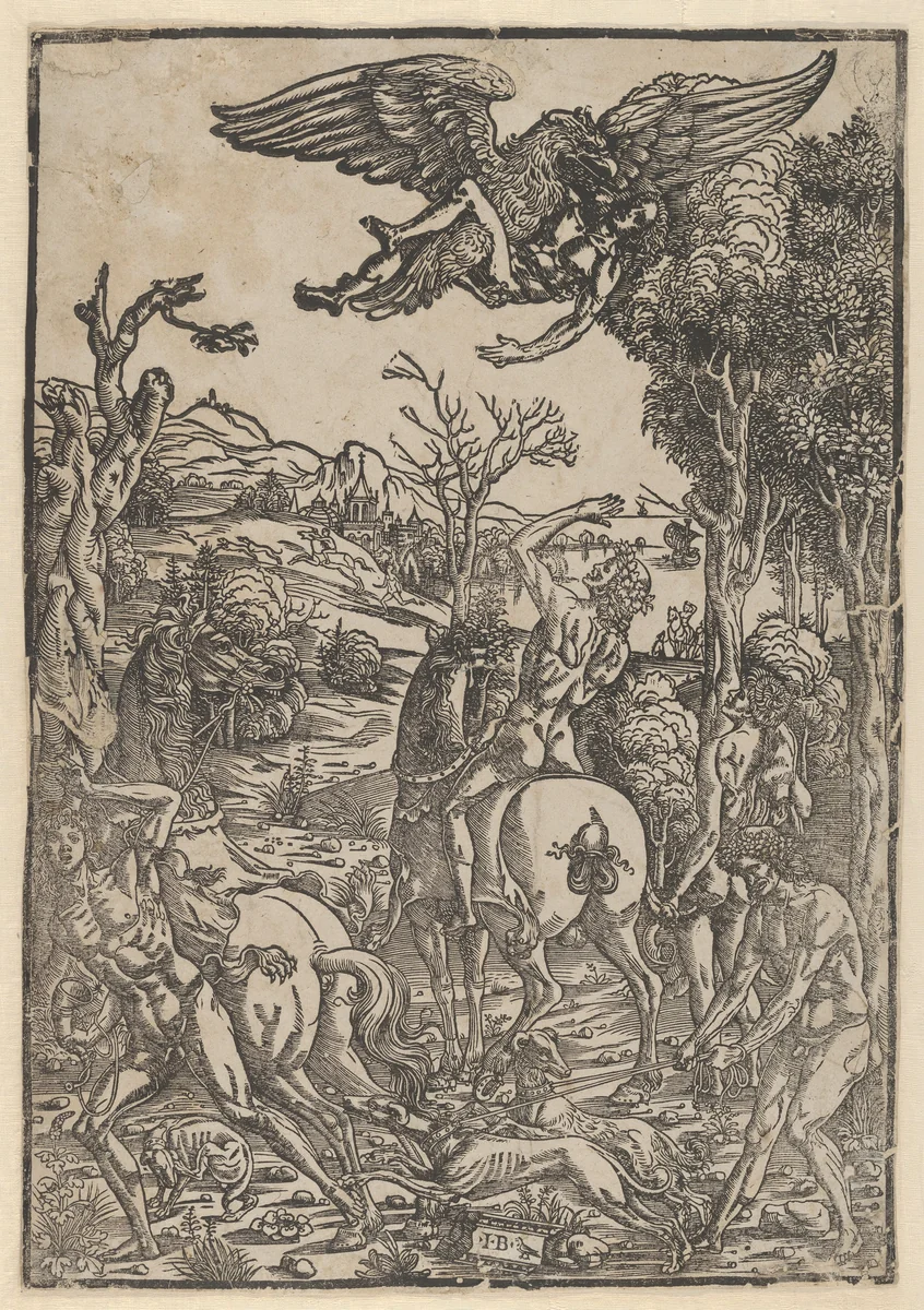 Zeus as an eagle, abducting Ganymede by Giovanni Battista Palumba, print, 1500-1510