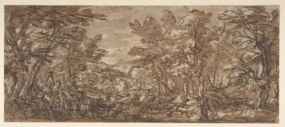 Forest Scene, a Halt at the Left, a Hunt at the Center by Pier Francesco Mola, drawing, 1612-1666