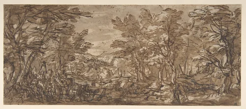 Forest Scene, a Halt at the Left, a Hunt at the Center by Pier Francesco Mola, drawing, 1612-1666