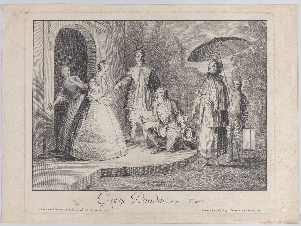 George Dandin, Act 3, last scene by François Joullain, print, 1726