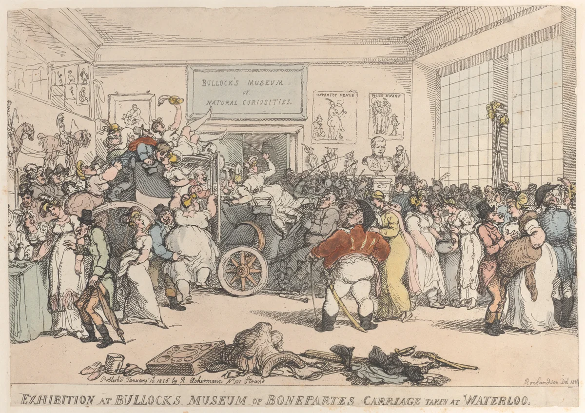 Exhibition at Bullock's Museum of Bonaparte's Carriage Taken at Waterloo by Thomas Rowlandson, print, 1816