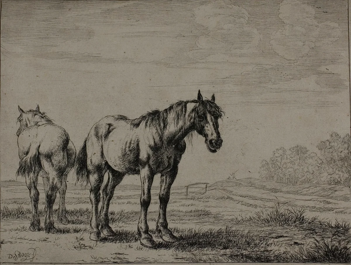 Two Plough Horses, plate seven from Series of Horses by Dirck Stoop, print, 1651