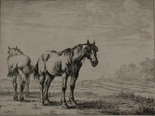 Two Plough Horses, plate seven from Series of Horses by Dirck Stoop, print, 1651