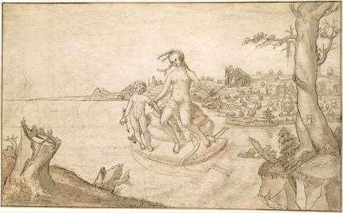 Venus and Cupid on a Snail by Hans Brosamer, drawing, 1538