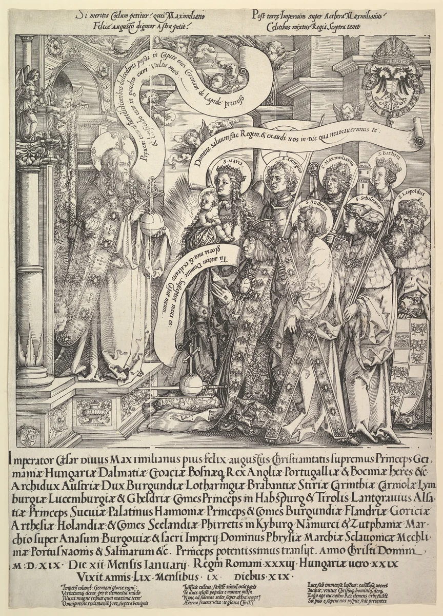 Maximilian Presented by his Patron Saints to the Almighty by Hans Springinklee, print, 1519