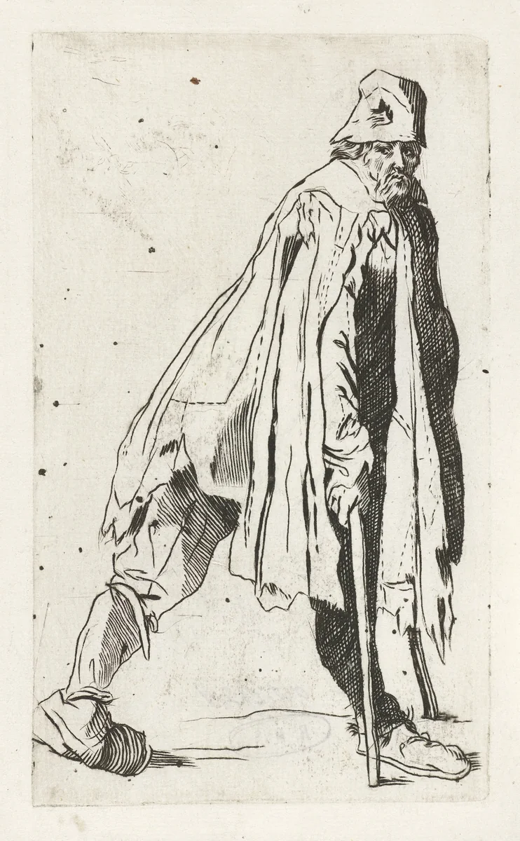 Bedelaar met een stok, op de rechterzijde gezien by Jacques Callot, print, 1622-1623