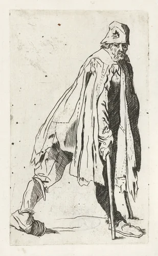 Bedelaar met een stok, op de rechterzijde gezien by Jacques Callot, print, 1622-1623