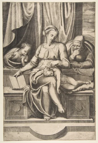 Virgin and Child with Saints Joseph and John the Baptist (after Michelangelo's Madonna del Silenzio) by Giulio Bonasone, print, 1561