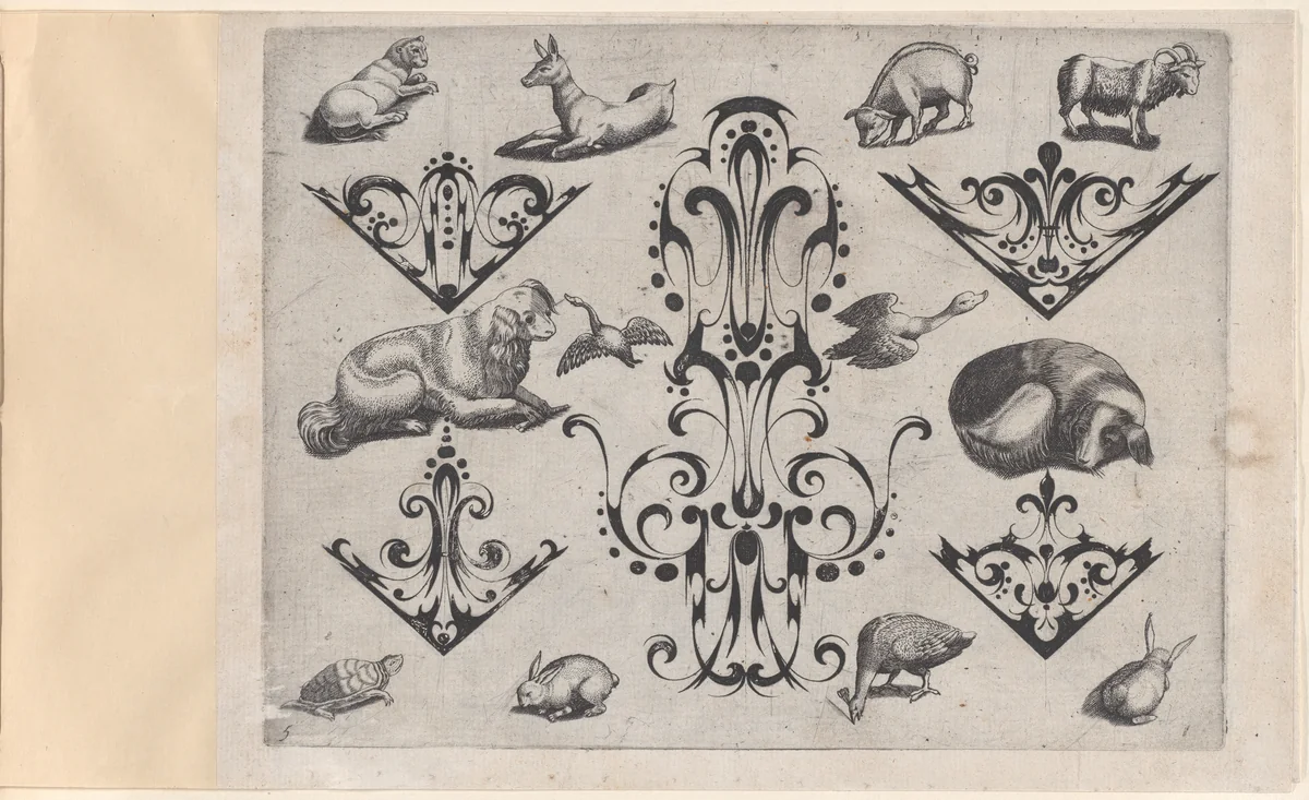 Blackwork Designs with Various Mammals and Birds, Plate 5 from a Series of Blackwork Ornaments combined with Figures, Birds, Animals and Flowers by Meinert Gelijs, book, 1622