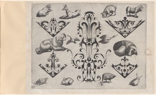 Blackwork Designs with Various Mammals and Birds, Plate 5 from a Series of Blackwork Ornaments combined with Figures, Birds, Animals and Flowers by Meinert Gelijs, book, 1622