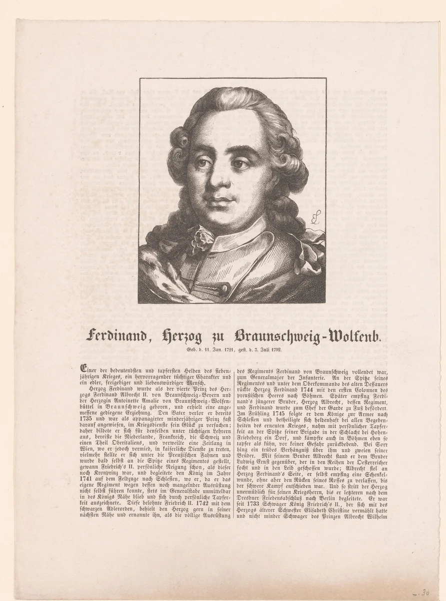 Portret van Ferdinand hertog van Brunswijk-Wolfenbüttel by Hugo Bürkner, print, 1854