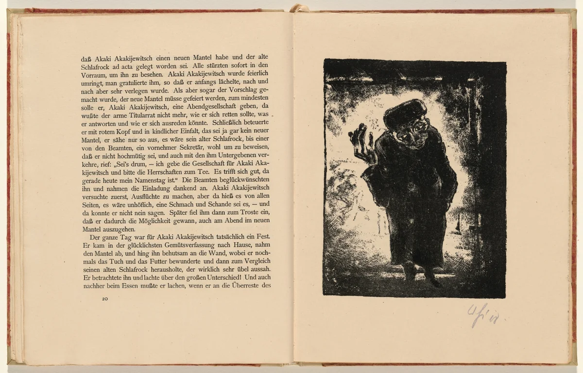 Akaki hat in einer Auslage das Bild einer hübschen Frau gesehen (Akaki Saw a Picture of a Pretty Woman in a Display) (plate 7) from Der Mantel (The Coat) by Walter Gramatté, volume, 1919