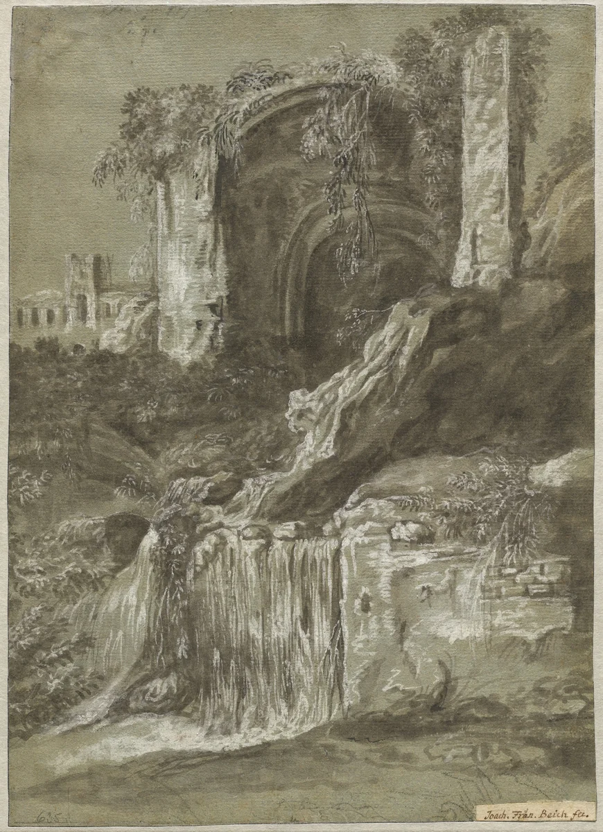 A Waterfall with Ruins (verso) by Joachim Franz Beich, drawing, 1704-1714
