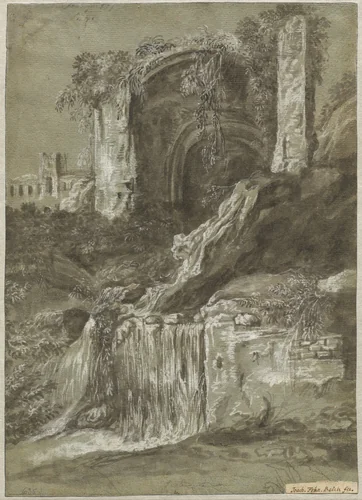 A Waterfall with Ruins (verso) by Joachim Franz Beich, drawing, 1704-1714
