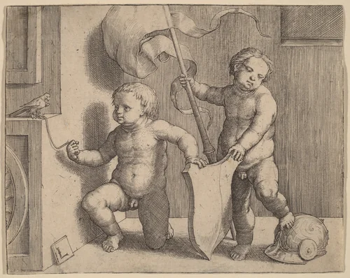 Two Naked Children Supporting a Blank Shield by Lucas van Leyden, print, 1519