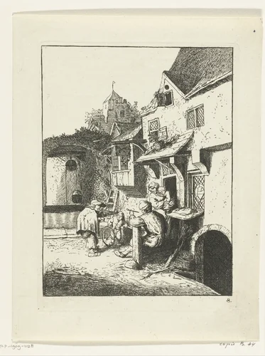 Gebochelde vioolspeler voor een herberg by anonymous, print, 1652-1745