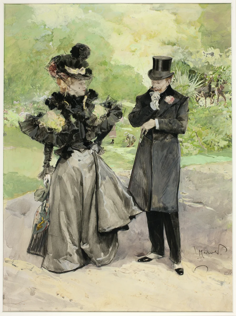 A Man and a Woman in a Park by Ludek Marold, drawing, 1885-1898