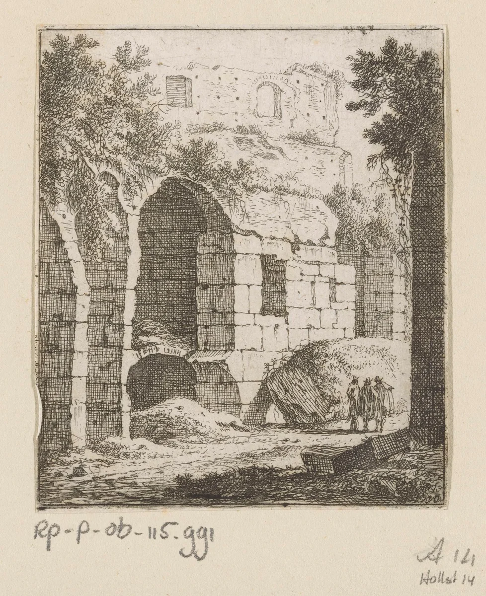 Gezicht op een ruïne met rechts drie mannen by Johann Franz Ermels, print, 1651-1693