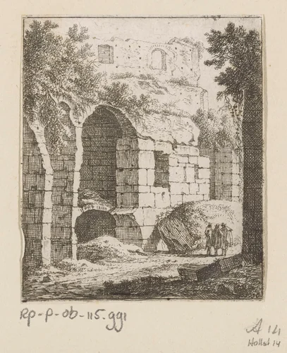 Gezicht op een ruïne met rechts drie mannen by Johann Franz Ermels, print, 1651-1693