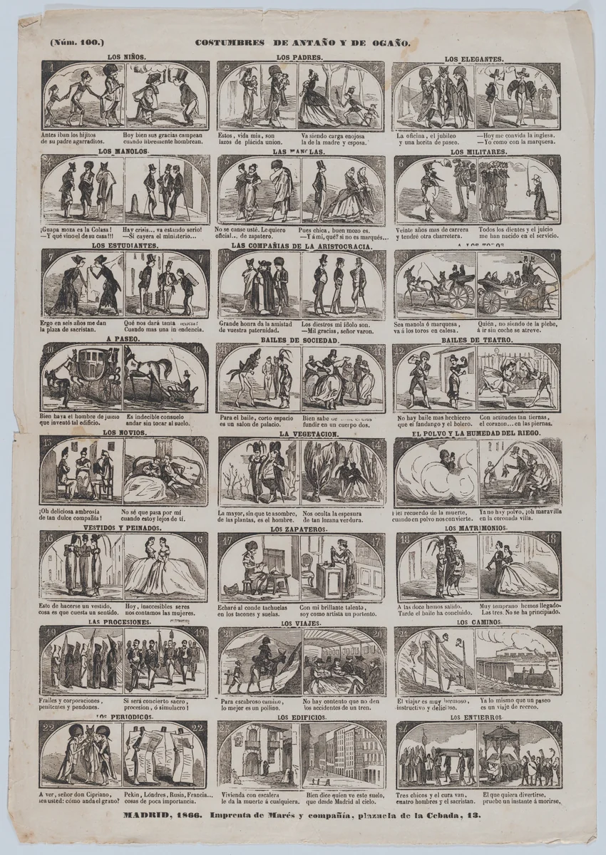 Broadside with 48 (24 pairs) scenes contrasting Spanish customs past and present by José María Marés, print, 1866