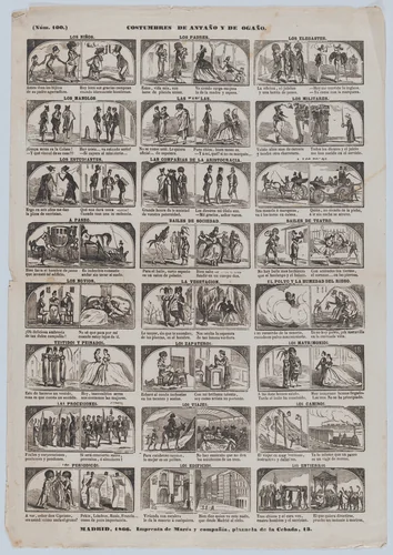 Broadside with 48 (24 pairs) scenes contrasting Spanish customs past and present by José María Marés, print, 1866