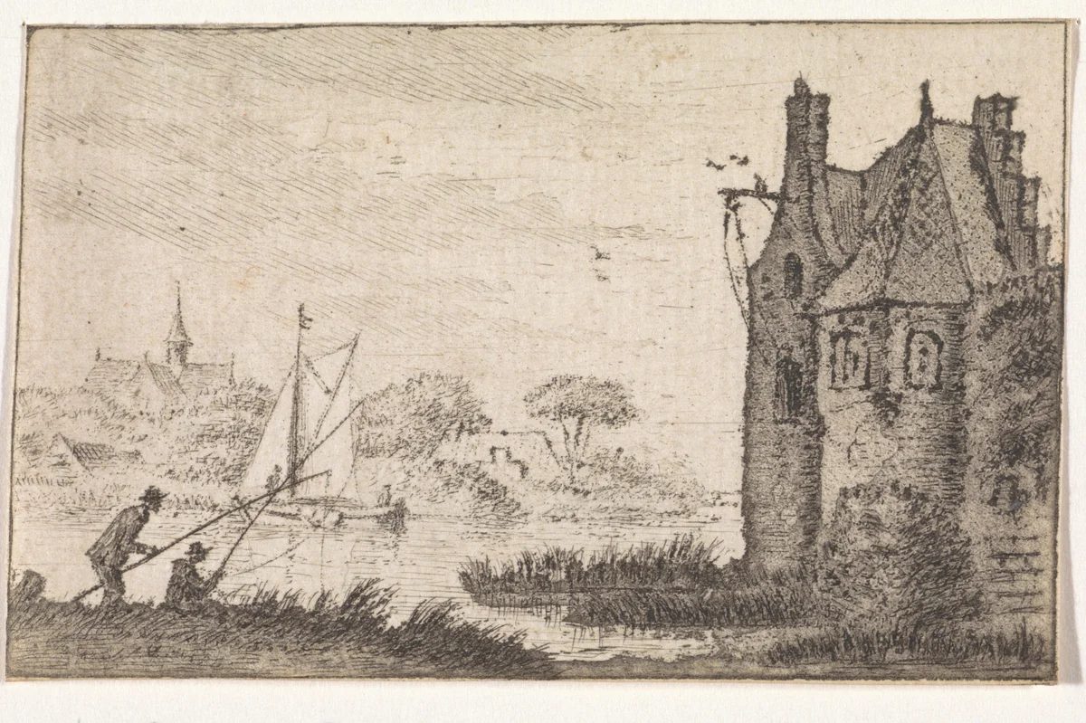 Hengelaars bij een versterkt huis aan een rivier by Hendrik Spilman, print, 1742-1784