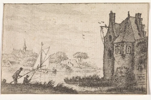 Hengelaars bij een versterkt huis aan een rivier by Hendrik Spilman, print, 1742-1784