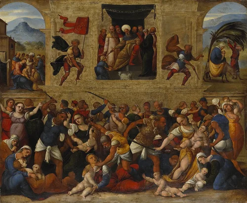 Massacre of the Innocents by Lodovico Mazzolino, painting, 1528